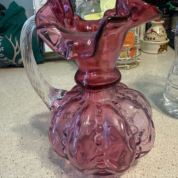 Fenton Cranberry Glass Pitcher with Ruffled Rim and dotted outside - Picture 2 of 11